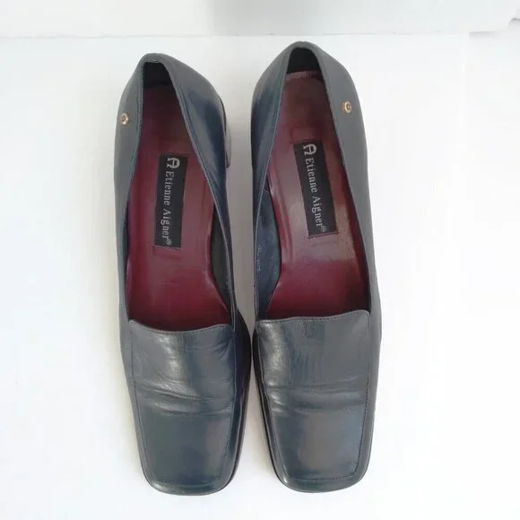 Stylish 90's Navy Leather 'Status' Slip On Square Toe Block Heel Shoes Sz 8.5 - Picture 6 of 10